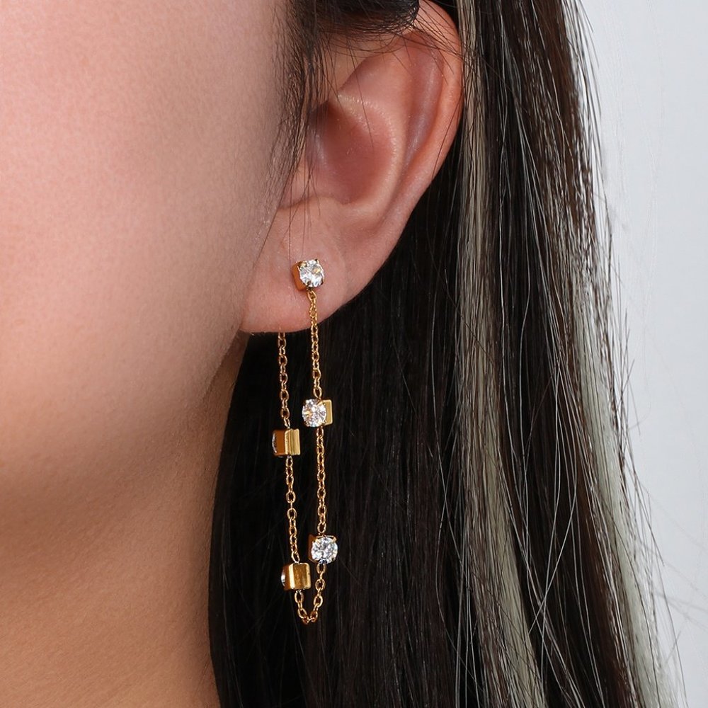 18K Gold Plated Chic Geometric Zircon Chain Drop Earrings Stainless Steel - Picture 3 of 9
